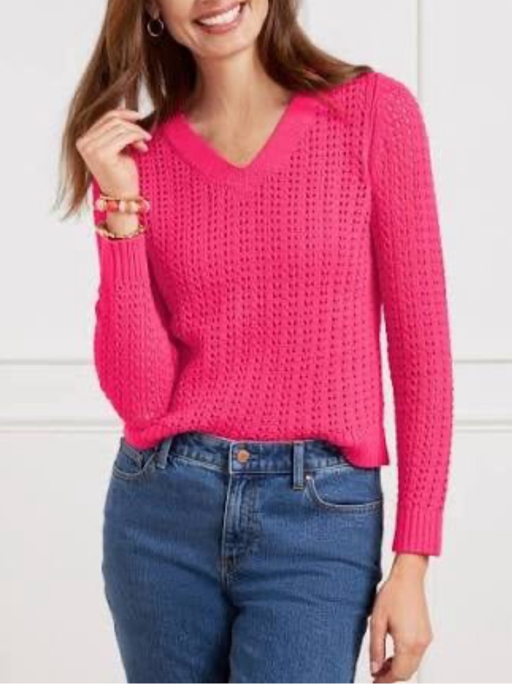 Talbots Open-Knit V-Neck Sweater in Bright Pink
